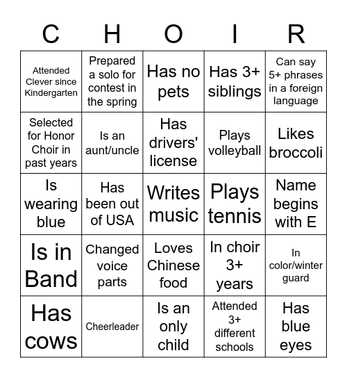 How well do you know your choir teammates? Bingo Card