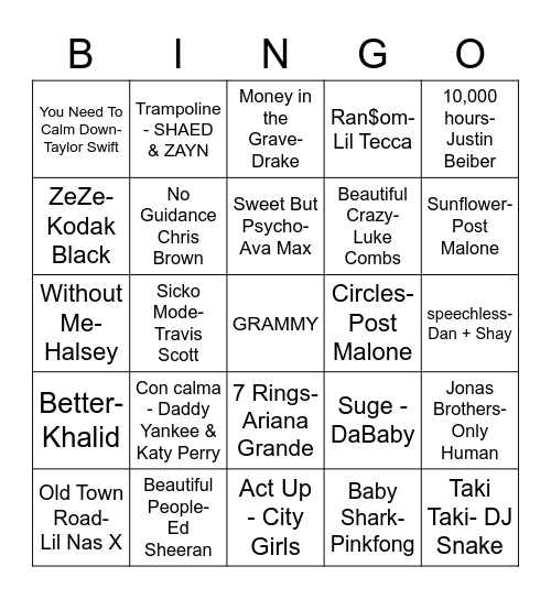 BILLBOARD TOP 100 SONGS FROM 2019 Bingo Card