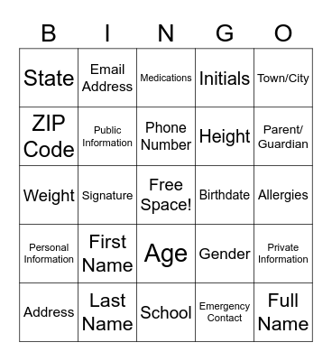 Personal Information Bingo Card