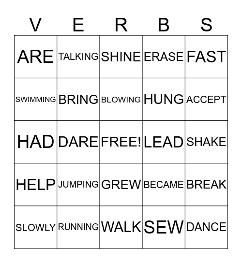 VERBS AND ADVERBS Bingo Card