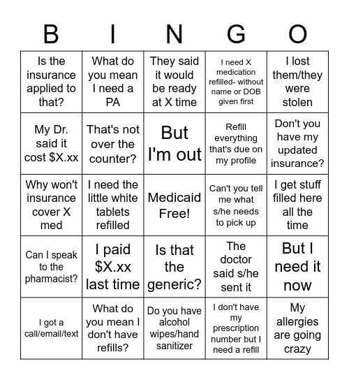 Pharmacy Bingo Card