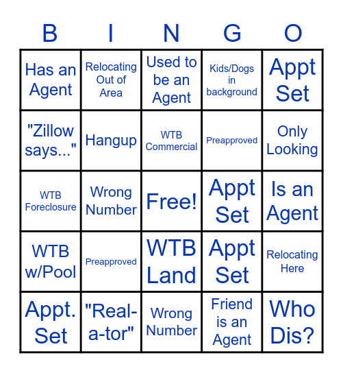 Real Estate Call Session Bingo Card