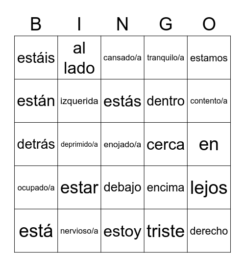 The Verb Estar,Prepositions and Feelings Bingo Card