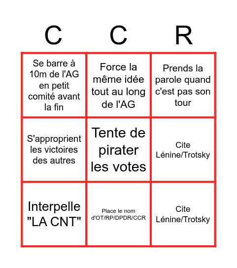 Grand Bingo du CCR (Onzième Thèse, Du Pain et Des Roses,Révolution Permanente et assimilés) Bingo Card