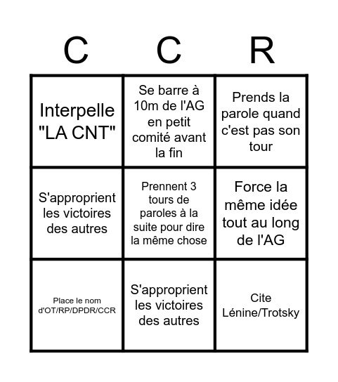 Grand Bingo du CCR (Onzième Thèse, Du Pain et Des Roses,Révolution Permanente et assimilés) Bingo Card