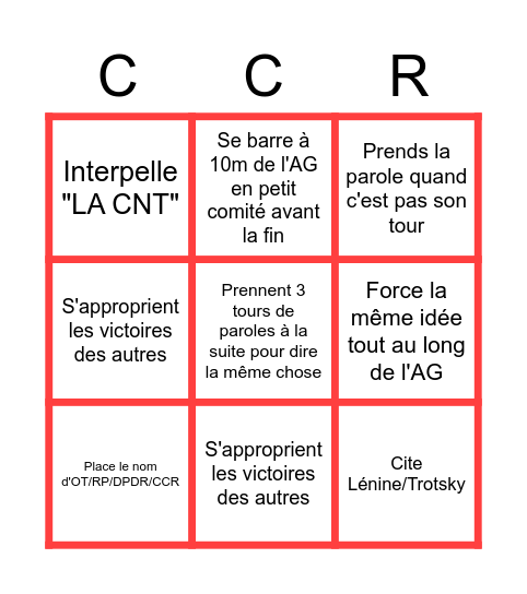 Grand Bingo du CCR (Onzième Thèse, Du Pain et Des Roses,Révolution Permanente et assimilés) Bingo Card