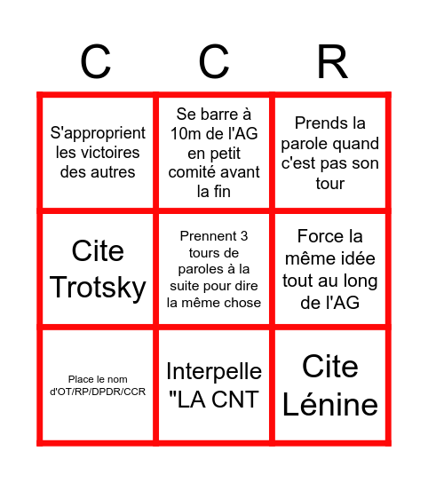 Grand Bingo du CCR (Onzième Thèse, Du Pain et Des Roses,Révolution Permanente et assimilés) Bingo Card