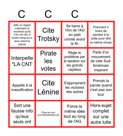 Grand Bingo du CCR (Onzième Thèse, Du Pain et Des Roses,Révolution Permanente et assimilés) Bingo Card