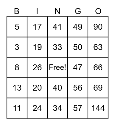 Multiplication & Division Bingo Card