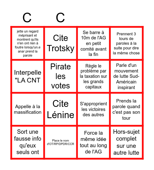 Grand Bingo du CCR (Onzième Thèse, Du Pain et Des Roses,Révolution Permanente et assimilés) Bingo Card