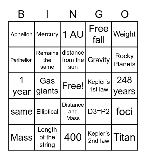 Gravity and Planets Bingo Card