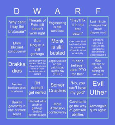 Shadowlands Launch Bingo Card