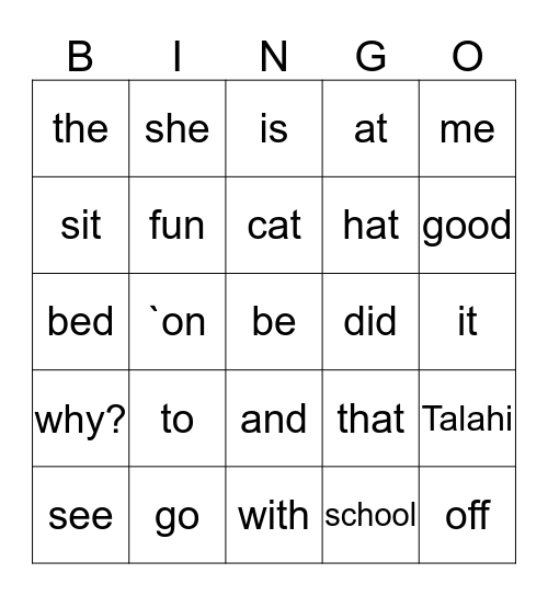 high frequency words Bingo Card