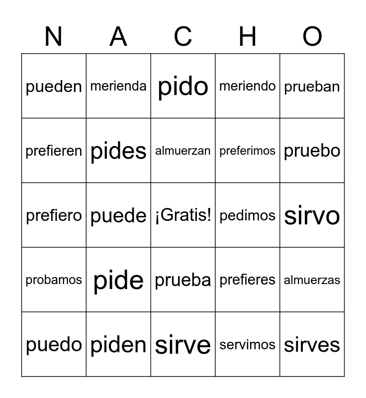 Los verbos de zapato Bingo Card