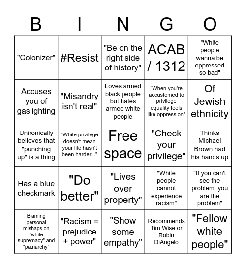 Social Justice Brainwashing Bingo Card