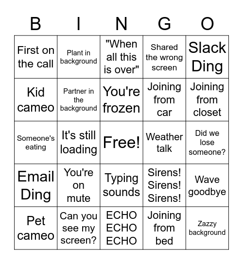 Virtual Meeting Bingo Card