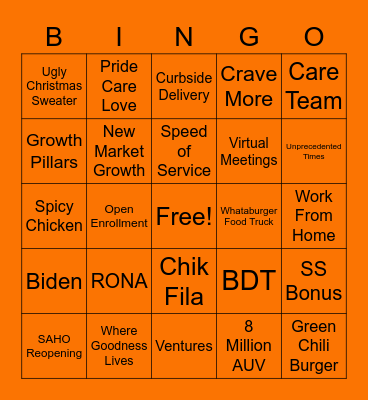 Whataburger SAM BINGO Card