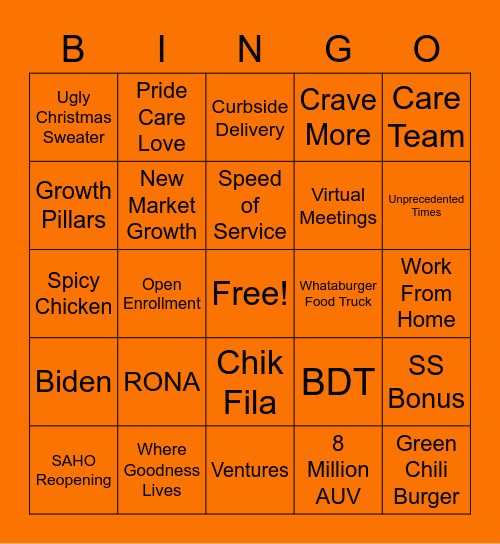 Whataburger SAM BINGO Card