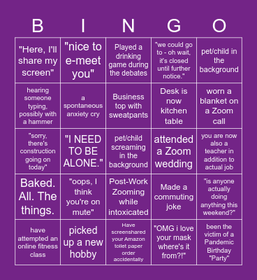 WFH Confessions Bingo Card