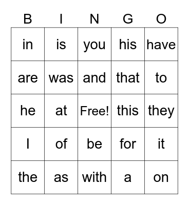 1st 25 Sight Words Bingo Card