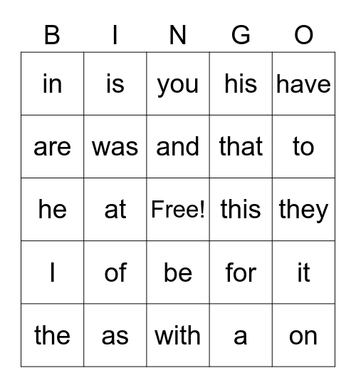 1st 25 Sight Words Bingo Card