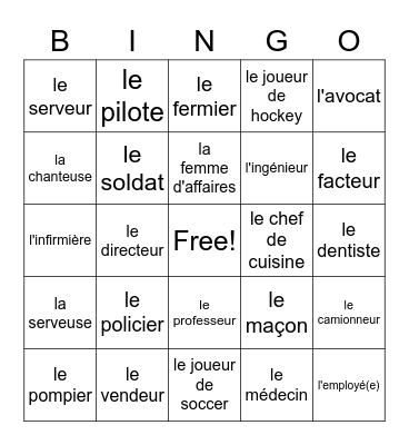 les métiers Bingo Card