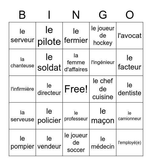 les métiers Bingo Card