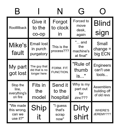 Tigercat Engineering Bingo Card