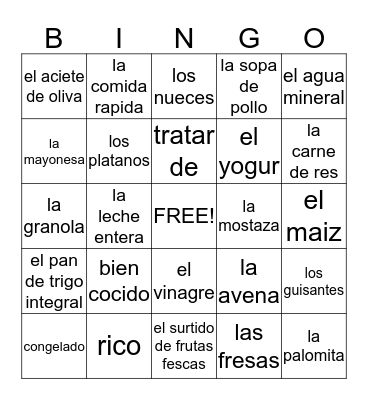 Spanish Vocab Bingo Card