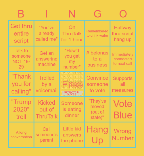 Next Up Get Out The Vote 2020 Bingo Card