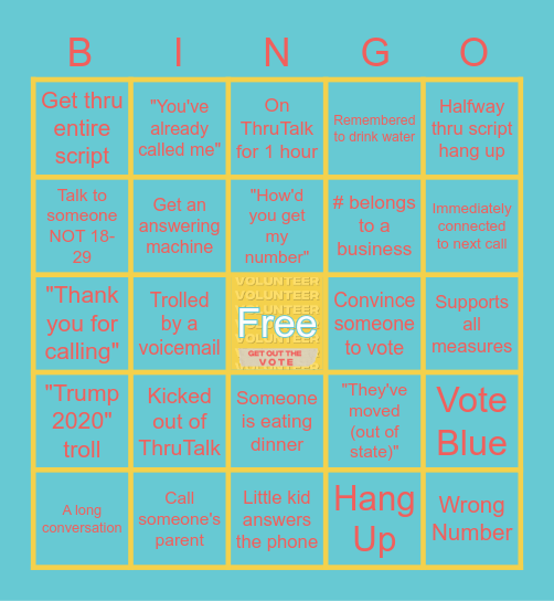 Next Up Get Out The Vote 2020 Bingo Card