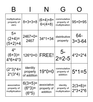 Math Property Bingo Card