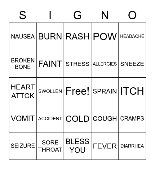 ILLNESS AND INJURY Bingo Card