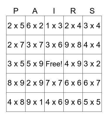 Multiplication Bingo Card