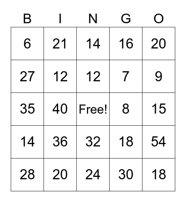 Multiplication Bingo Card