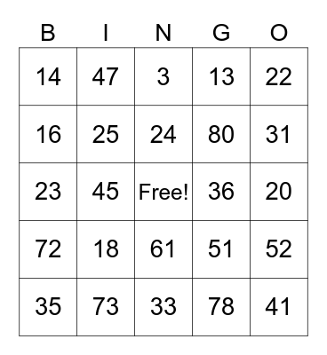 Multiplication Bingo Card