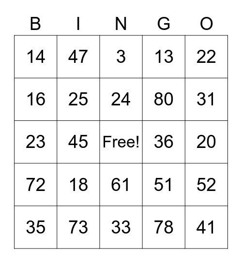 Multiplication Bingo Card