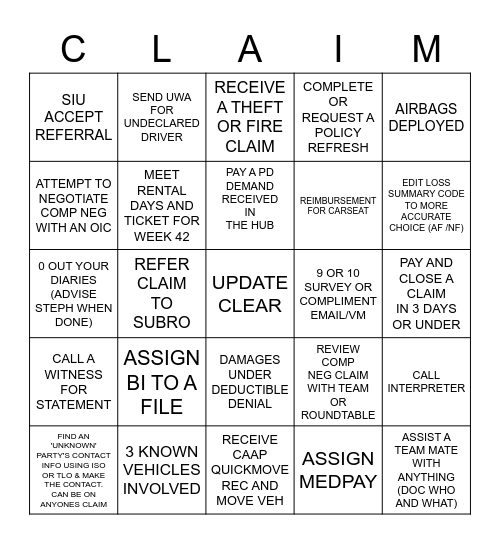 CLAIM Bingo Card