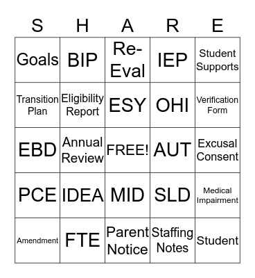 # share, Serving, Helping, and Respecting Exceptionalities Bingo Card
