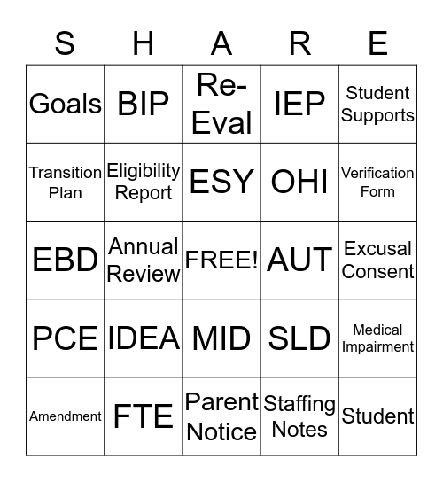 # share, Serving, Helping, and Respecting Exceptionalities Bingo Card