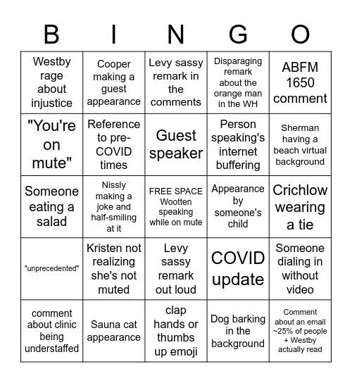 Faculty Zoom Bingo Card