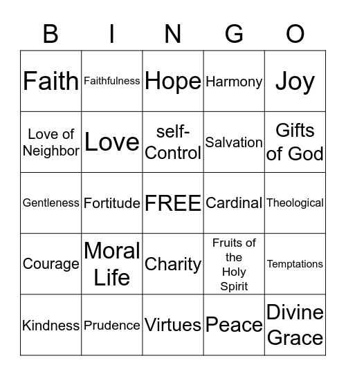 Virtues and Gifts Bingo Card