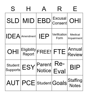 # share, Serving, Helping, and Respecting Exceptionalities Bingo Card
