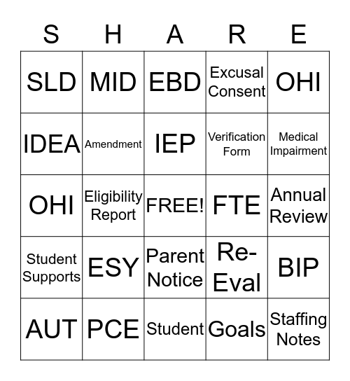 # share, Serving, Helping, and Respecting Exceptionalities Bingo Card