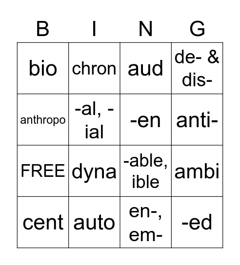 First Quarter Roots & Affixes Bingo Card