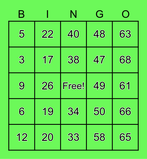 Number Bingo 1 - 69 Bingo Card