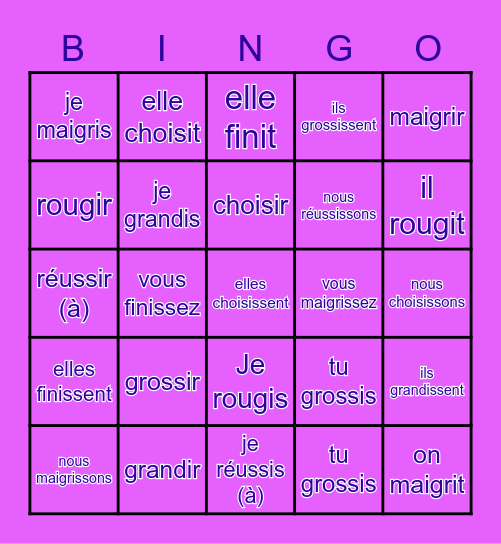 LES  VERBES  EN    "-IR" Bingo Card