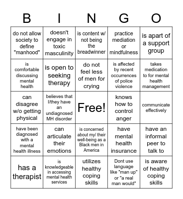 Black MENtal Health (I or someone I know) Bingo Card