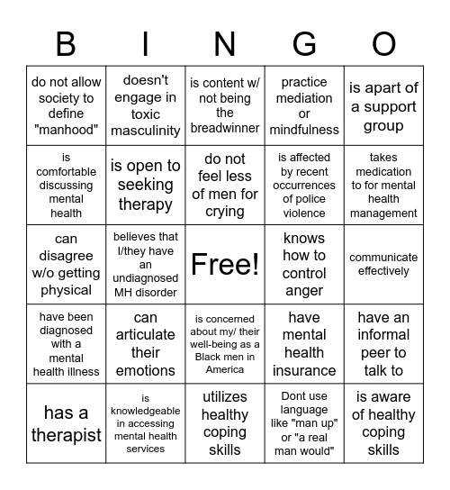 Black MENtal Health (I or someone I know) Bingo Card