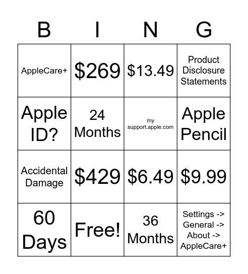 AppleCare Bingo Card